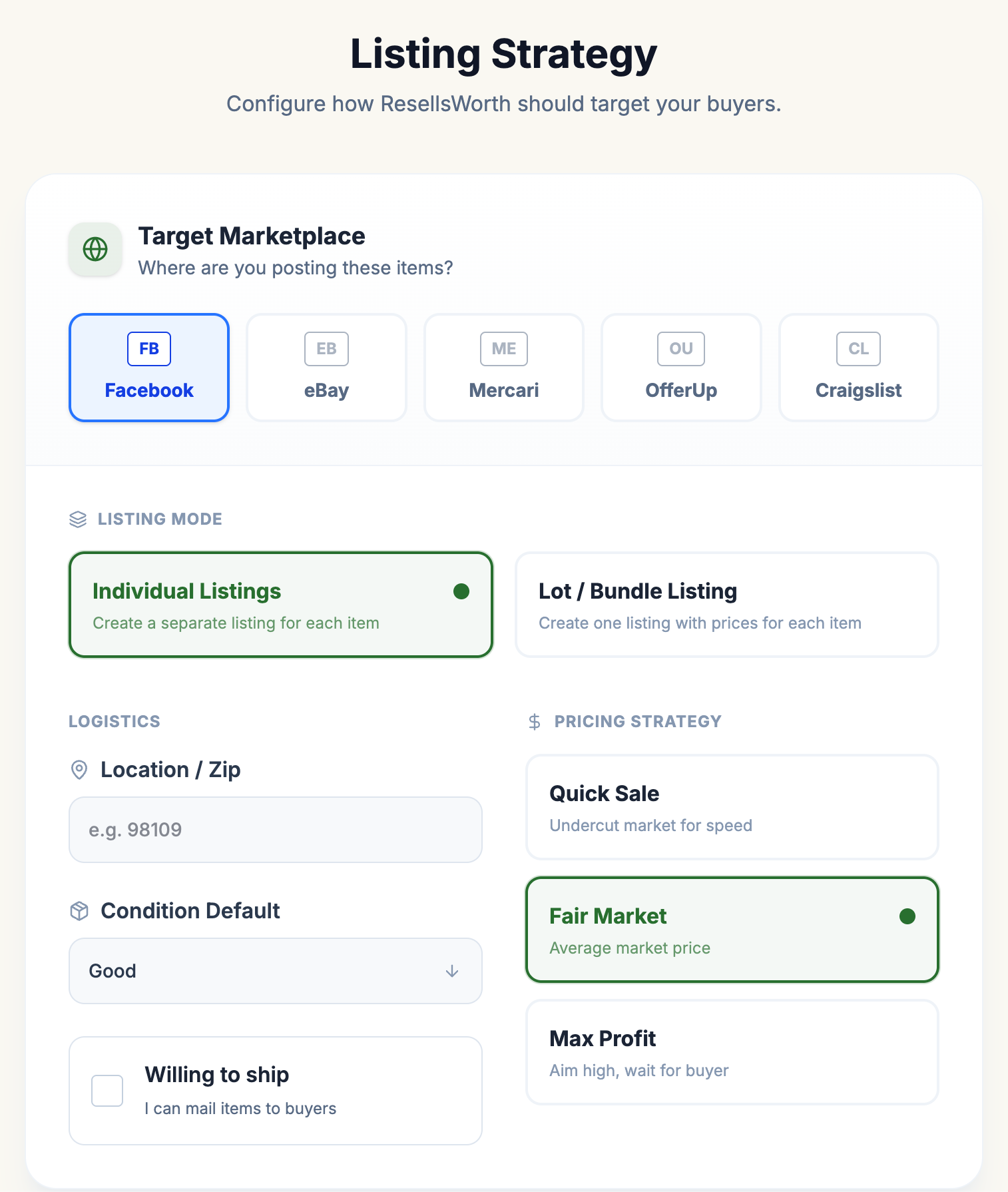 ResellsWorth listing strategy with marketplace and pricing choices